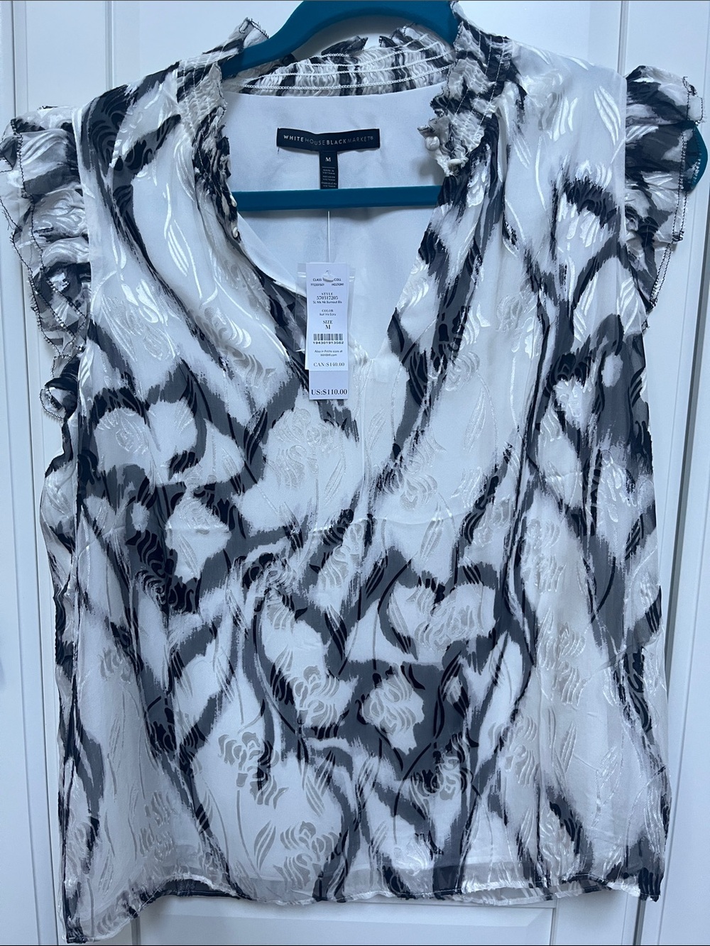 White House Black Market Black & White Ruffle Cap-Sleeve V-Neck Blouse